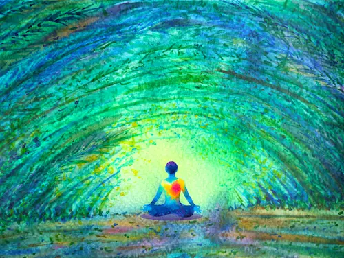 Chakra color human lotus pose yoga in green tree forest